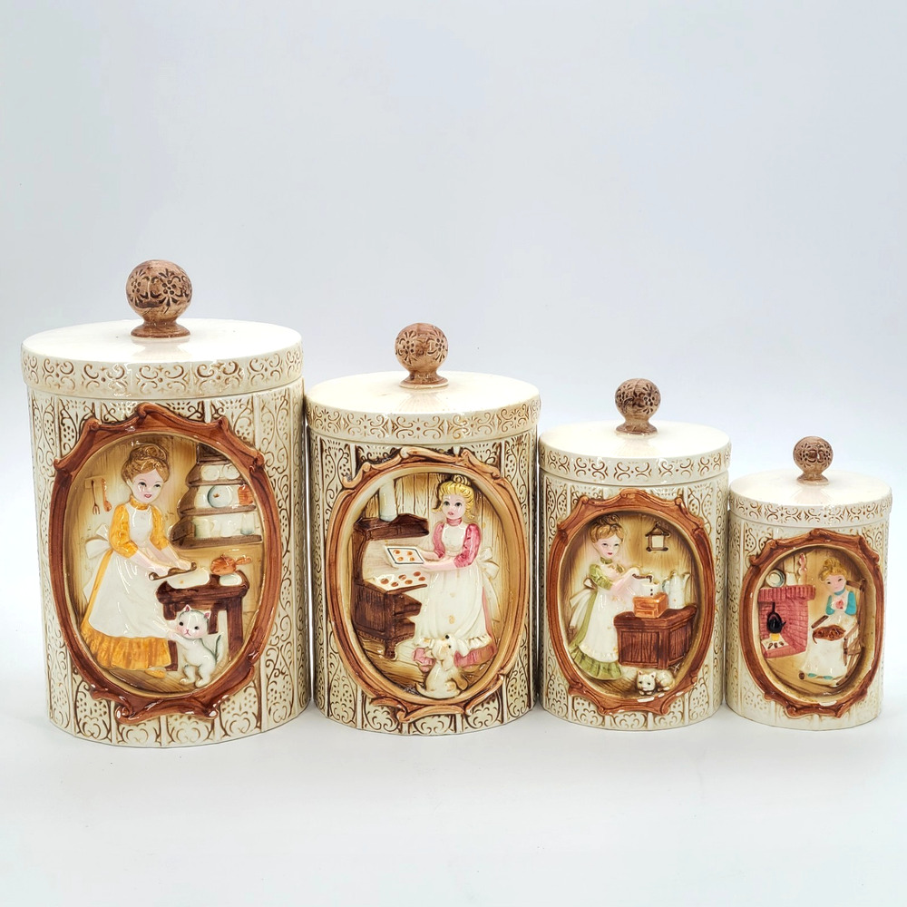 Vtg 1978 Sears And Roebuck Co Pioneer Woman 4 Pc Lidded Canister Set Cottagecore